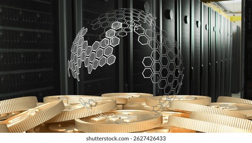 Image of globe over money and servers. data processing, global network and technology concept digitally generated image.