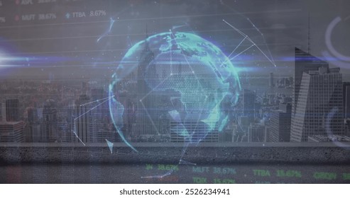 Image of globe of plexus networks, statistical, stock market data processing against cityscape. Global economy and business networking technology concept