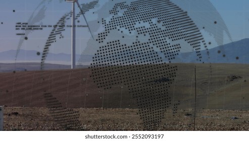 Image of globe and processing data over wind turbine in landscape. Network, data, connection, science, energy, ecology, connection and global communication, digitally generated image.