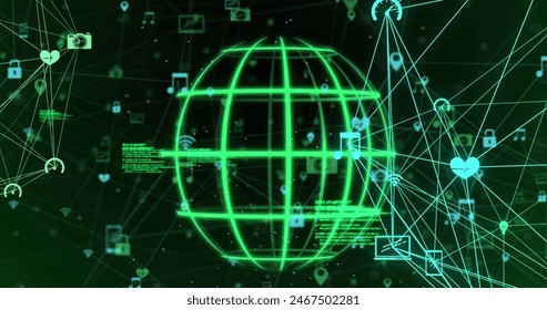 Image of globe rotating with connected mobile application icons and computer language. Hologram, digitally generated, globalization, networking, coding, connection, data processing, technology.