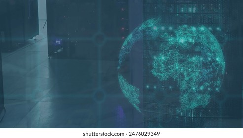 Image of globe rotating, multiple graphs and numbers, grid over data server racks. Digital composite, multiple exposure, globalization, network security, report, technology, data center.