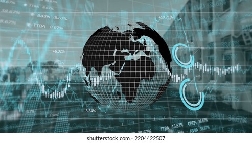 Image of globe rotating over data processing on vr headset over hand. Finance economy medicine health and technology concept digitally generated image.