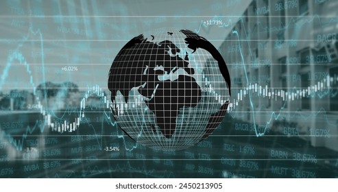 Image of globe rotating over data processing on vr headset over hand. Finance economy medicine health and technology concept digitally generated image.