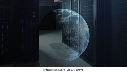 Image of globe rotating over data server racks. Digital composite, global connection, network security, data center, networking, technology and network sever concept.
