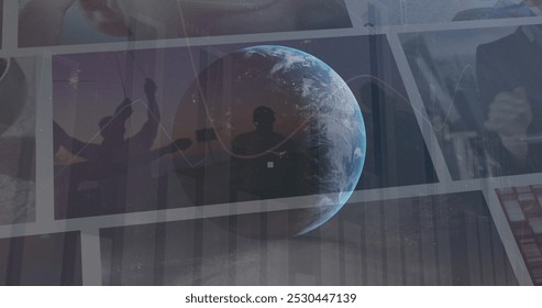 Image of globe rotating over data on screens. Global network, data processing, finance and technology concept digitally generated image.