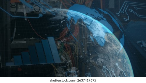 Image of globe rotating over data and graphs on black background. Global network, data processing, finance and technology concept digitally generated image. - Powered by Shutterstock - Get 15% off with code: PIKWIZARD15