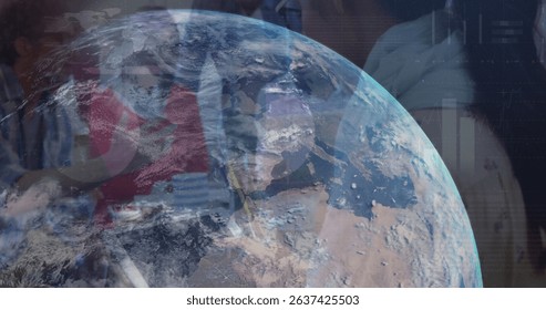 Image of globe rotating over diverse businesspeople in office. Global network, data processing, finance and technology concept digitally generated image. - Powered by Shutterstock - Get 15% off with code: PIKWIZARD15