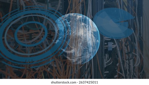 Image of globe rotating over graphs and server wires. Global network, data processing, finance and technology concept digitally generated image. - Powered by Shutterstock - Get 15% off with code: PIKWIZARD15