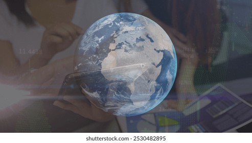 Image of globe rotating over hands of caucasian businesspeople. Global network, data processing, finance and technology concept digitally generated image.