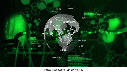 Image of globe rotating over scientific data on black background. data processing, science, network and technology concept digitally generated image.