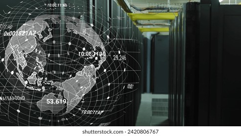 Image of globe rotating over servers. data processing, global network and technology concept digitally generated image.