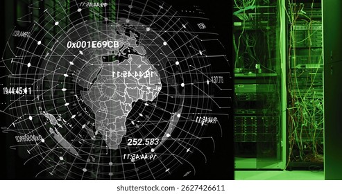 Image of globe rotating over servers. data processing, global network and technology concept digitally generated image.