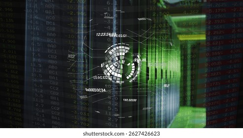 Image of globe rotating over servers. data processing, global network and technology concept digitally generated image.