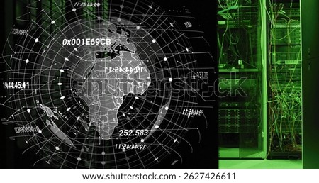 Image of globe rotating over servers. data processing, global network and technology concept digitally generated image.
