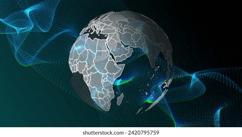 Image of globe rotating over shapes on black background. data processing, global network and technology concept digitally generated image.