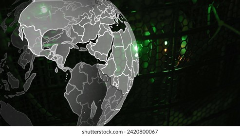 Image of globe rotating over wires on black background. data processing, global network and technology concept digitally generated image.