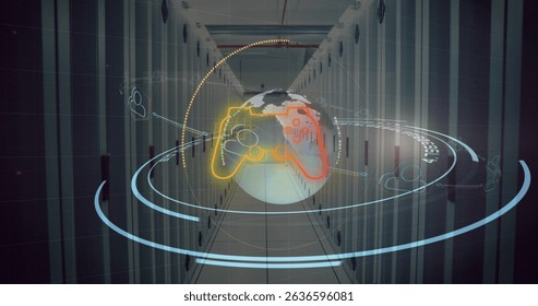 Image of globe and scan scope over server room. Global connections, data processing and digital interface concept digitally generated image. - Powered by Shutterstock - Get 15% off with code: PIKWIZARD15
