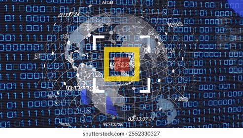 Image of globe and scanner over data processing and binary coding on black background. Global business, technology and digital interface concept, digitally generated image.