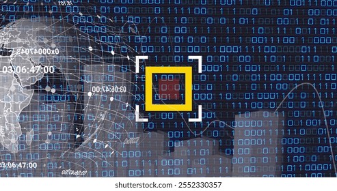Image of globe and scanner over data processing and binary coding on black background. Global business, technology and digital interface concept, digitally generated image.