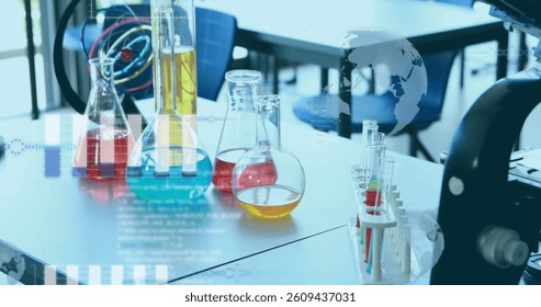 Image of globe and scientific data processing over laboratory. digital interface, global technology and science concept digitally generated image.