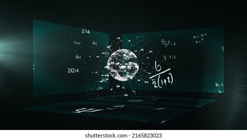 Image of globe and scientific formulae over screens. global science, computing and data processing concept digitally generated image. - Powered by Shutterstock - Get 15% off with code: PIKWIZARD15