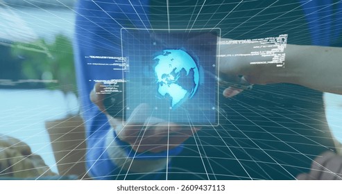 Image of globe, scope scanning and data processing over woman paying with smartphone. digital interface, global technology, connection and communication concept digitally generated image.