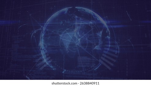 Image of globe with shapes, connections and globe in navy space. Data processing, global network and technology concept digitally generated image.