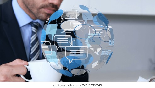 Image of globe with speech bubble over caucasian businessman using laptop. global technology, data processing and digital interface concept digitally generated image.