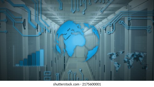 Image of globe spinning and data processing over computer servers in background. digital interface global connection and communication concept digitally generated image.
