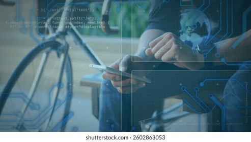 Image of globe spinning and data processing on screens over man using smartphone and smartwatch. digital interface, global connection and communication concept digitally generated image.