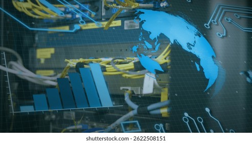 Image of globe spinning and data processing over cables in computer server in background. global computing, connections and data processing concept digitally generated image.