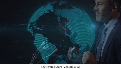 Image of globe spinning over caucasian businessman giving speech. Global business, finance and data processing concept digitally generated image. - Powered by Shutterstock