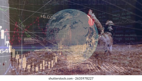 Image of globe and statistics processing and warehouse. Global covid pandemic and digital interface concept digitally generated image.