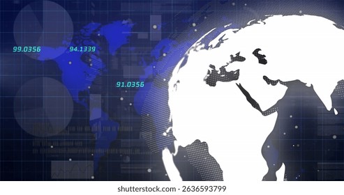 Image of globe, world map and financial data over navy digital space. Global business, finance, economy, network and technology concept digitally generated image. - Powered by Shutterstock - Get 15% off with code: PIKWIZARD15
