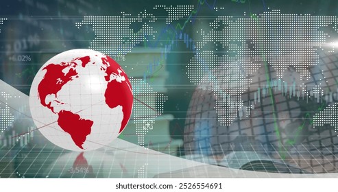Image of globe and world map over financial data processing. global business, data processing and connections concept digitally generated image.