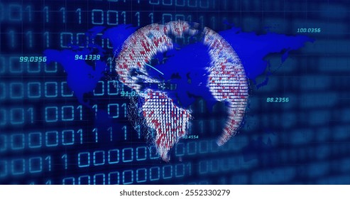 Image of globe and world map over data processing and binary coding on black background. Global business, technology and digital interface concept, digitally generated image. - Powered by Shutterstock - Get 15% off with code: PIKWIZARD15