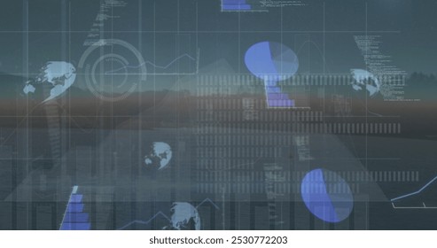 Image of globes, graphs and charts processing data over countryside landscape. Global communication, business, data and digital interface concept digitally generated image. - Powered by Shutterstock