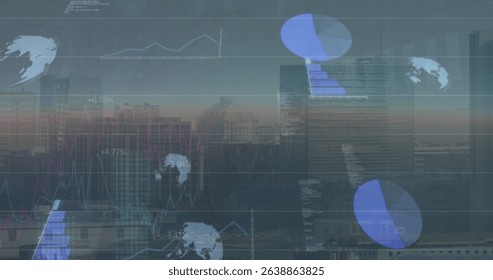 Image of globes with graphs and charts processing data over modern cityscape at sunset. Global communication, business, data and digital interface concept digitally generated image.