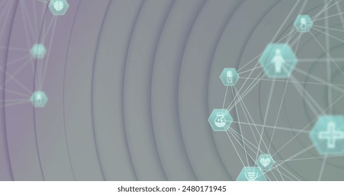 Image of globes of medical icons spinning over concentric circles on white background. Medical research and science technology concept