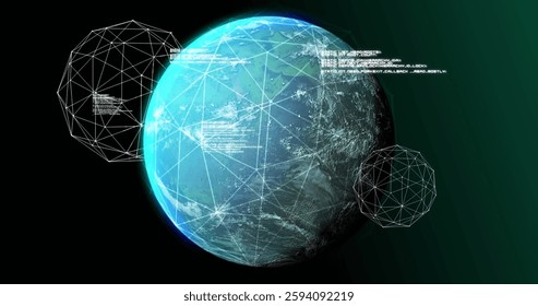 Image of globes moving and data processing over black background. Global business and digital interface concept digitally generated image.