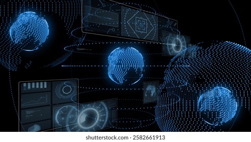 Image of globes over data processing. Global business and digital interface concept digitally generated image.