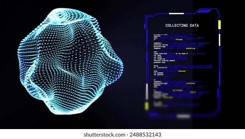 Image of glowing 3d network and interface collecting data on black background. Connection, data, ai, processing, digital interface and communication, digitally generated image.