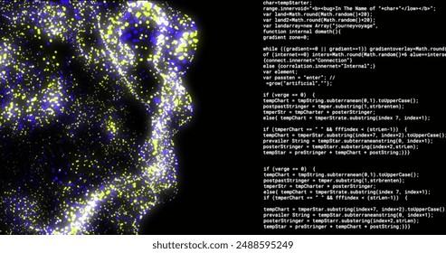 Image of glowing 3d network and text data processing on black background. Connection, data, ai, processing, digital interface and communication, digitally generated image.