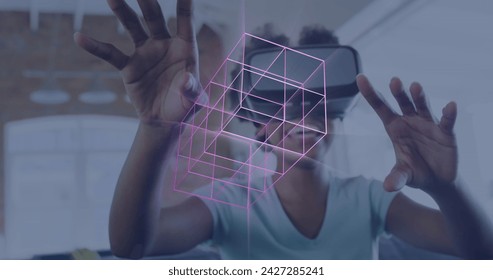 Image of glowing 3d shapes of data transfer over african american woman in vr headset. Global virtual reality, data processing, computing and digital interface concept digitally generated image.