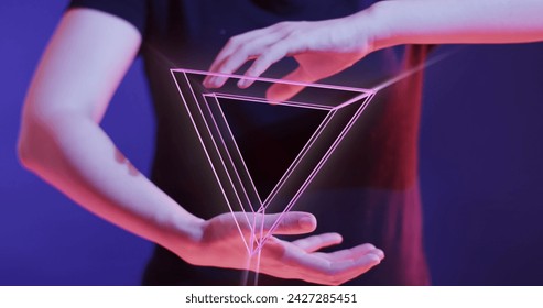 Image of glowing 3d shapes of data transfer over hands of asian man. Global virtual reality, data processing, computing and digital interface concept digitally generated image.
