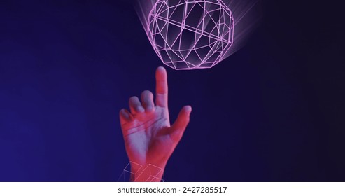 Image of glowing 3d shapes of data transfer over hand of asian man. Global virtual reality, data processing, computing and digital interface concept digitally generated image.