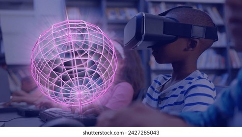 Image of glowing 3d shapes over african american boy using vr headset. Global virtual reality, computing, digital interface and data processing concept digitally generated image.