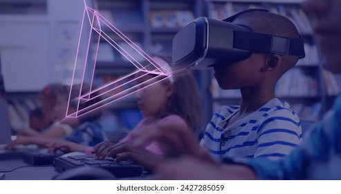 Image of glowing 3d shapes over african american boy using vr headset. Global virtual reality, computing, digital interface and data processing concept digitally generated image.
