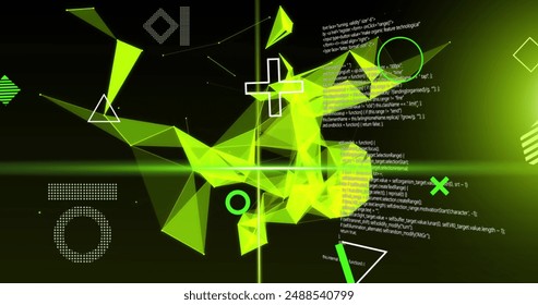 Image of glowing 3d yellow network and scanner beams over data processing, on black. Connection, data, processing, digital interface and communication, digitally generated image.