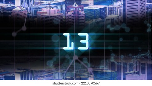 Image of glowing blue digital number thirteen in countdown over cityscape background. Countdown, anticipation, time, digital interface and retro future concept digitally generated image. - Powered by Shutterstock